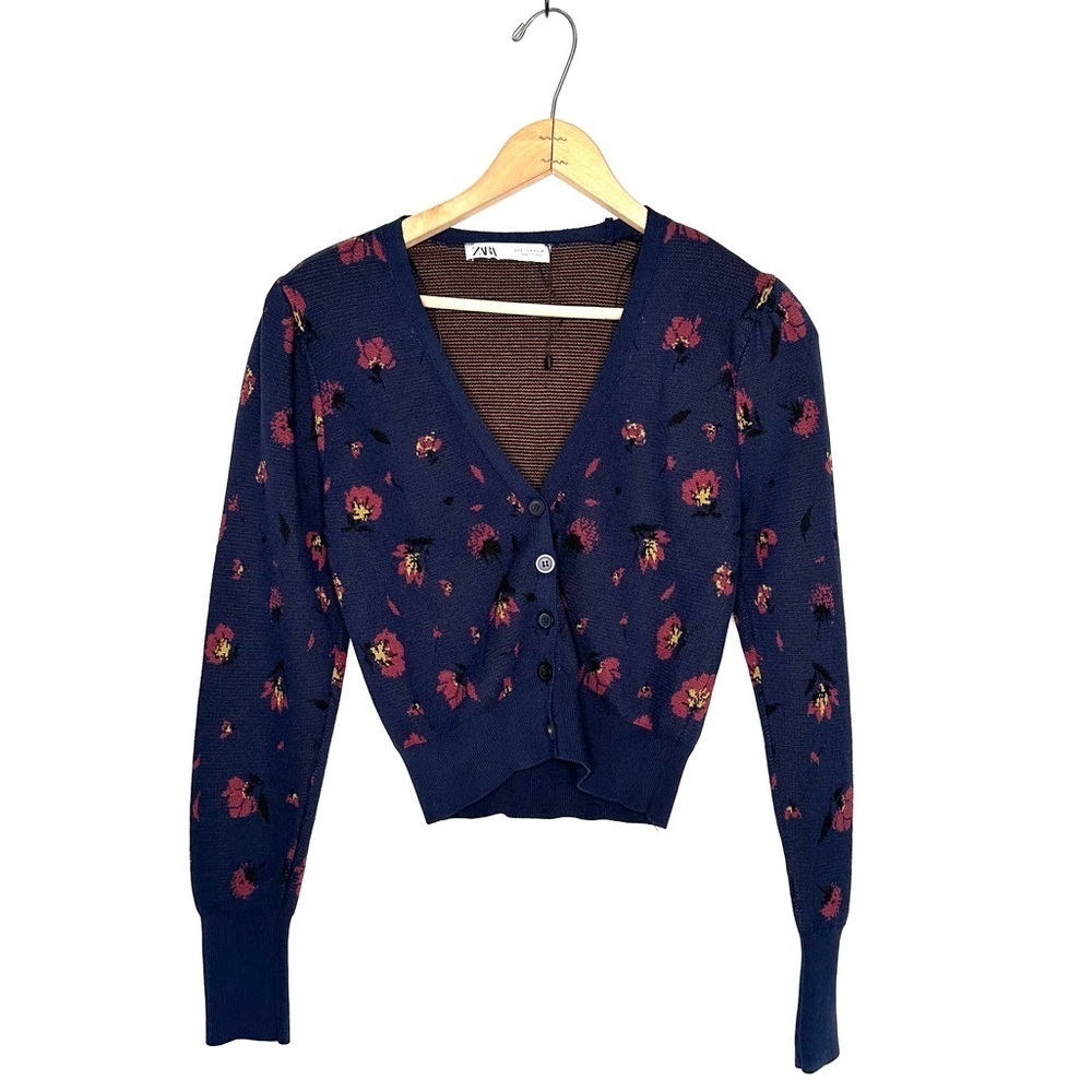 Zara | Navy Blue Floral V-neck Button Down Crop Cardigan Sweater Size Small